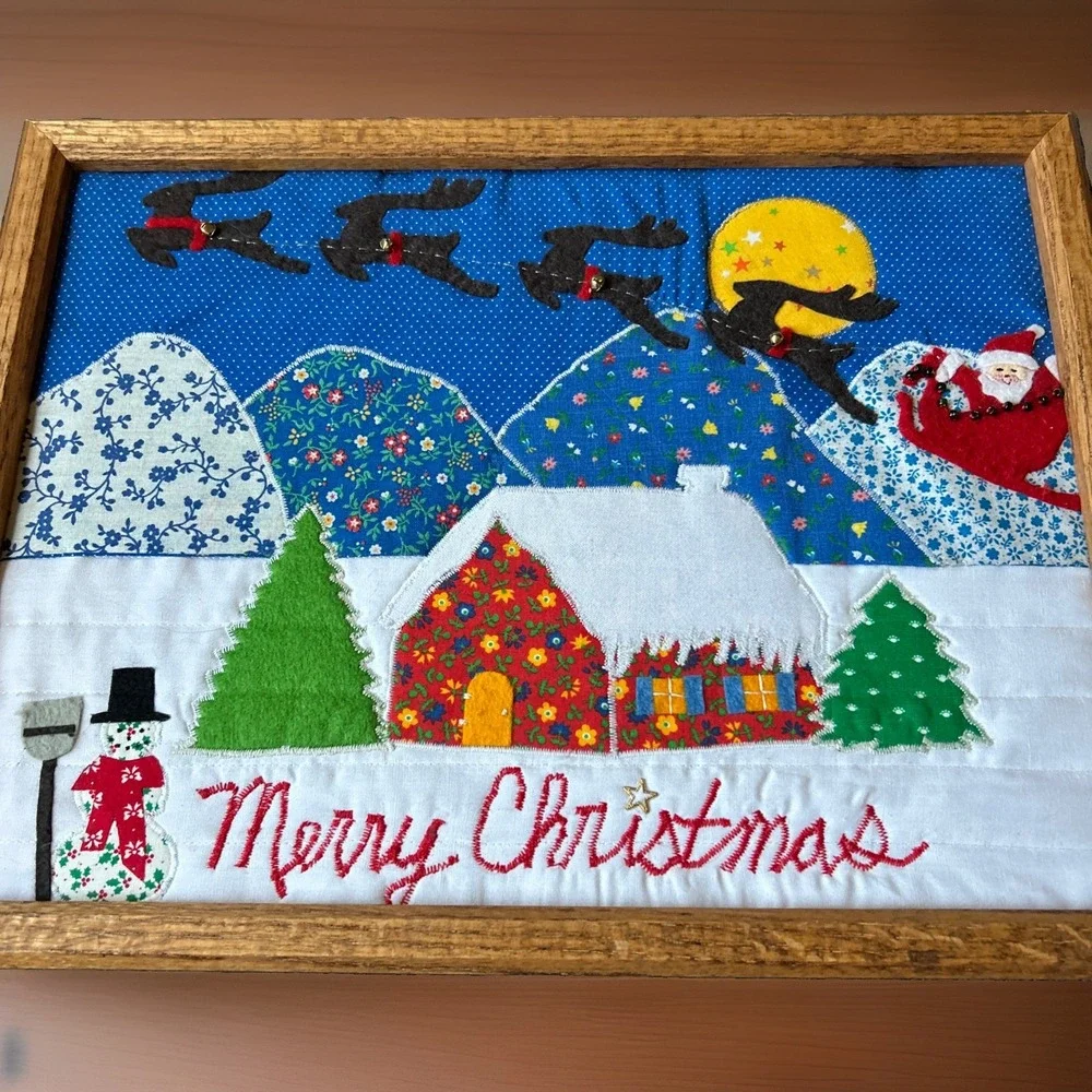 80s Handmade Quilted Merry Christmas Holiday Wall Art Wood Framed Appliqué Decor